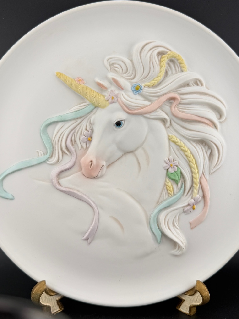 Vtg Enesco 3D Relief Unicorn Collector Plate Matte Porcelain Pastel Fantasy 9”